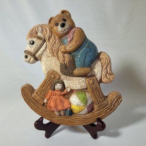 1986 Vintage HOMECO Bear on Rocking Horse Nursery Wall Plaque